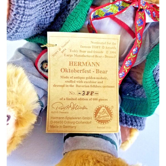 Vtg HERMANN Oktoberfest Mohair Teddy Bear Limited Edition Collectible 1994 - Picture 3 of 15